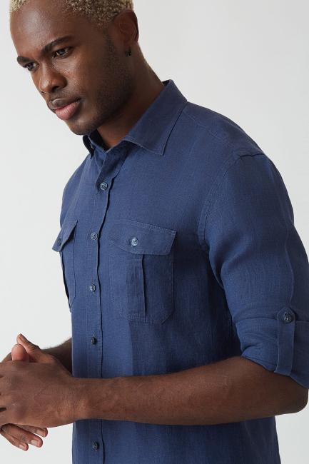 Slim Fit Lacivert Keten Erkek Gömlek - 4