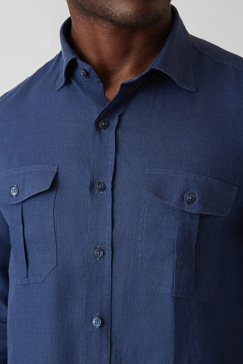 Slim Fit Lacivert Keten Erkek Gömlek - 3