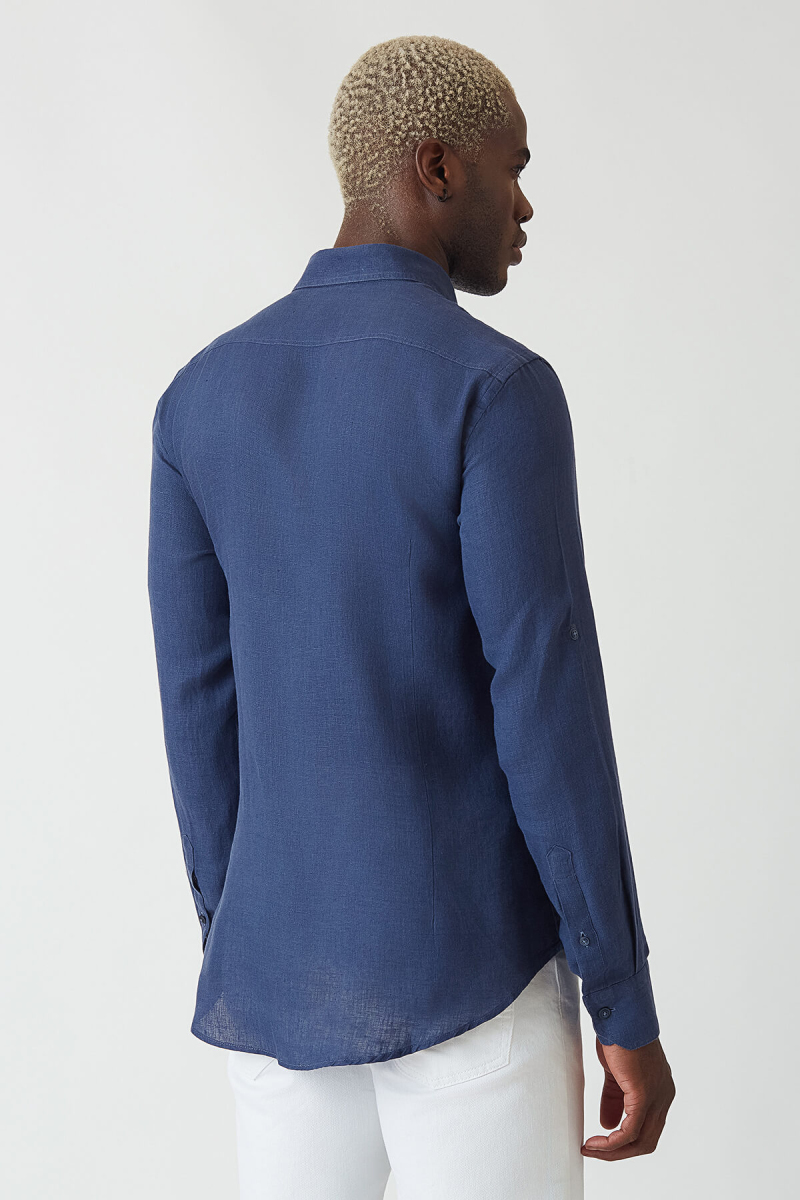 Slim Fit Lacivert Keten Erkek Gömlek - 2