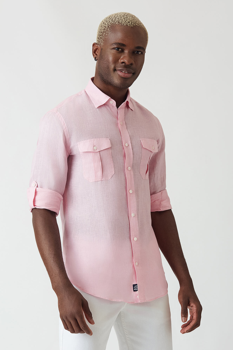 Slim Fit Pembe Keten Paşa Yaka Uzun Kollu Erkek Gömlek - 5