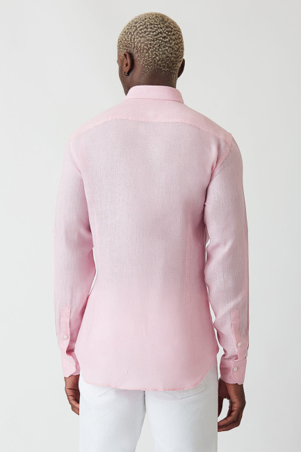 Slim Fit Long Sleeve Pink Linen Men's Shirt (1)
