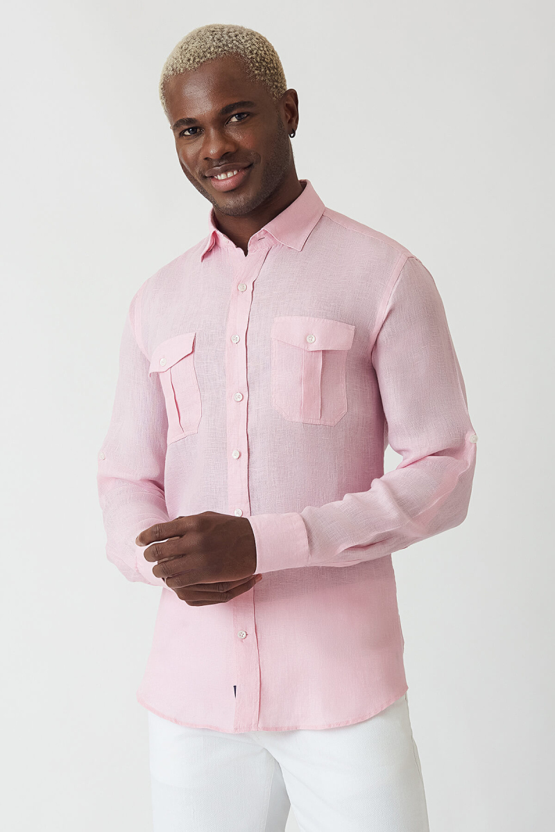 Slim Fit Pembe Keten Paşa Yaka Uzun Kollu Erkek Gömlek - 1