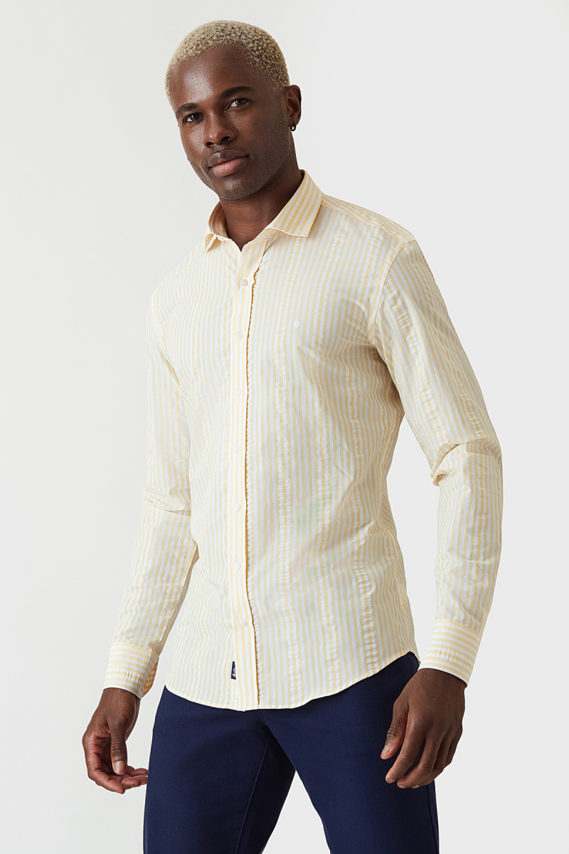 Slim Fit Sarı Paşa Yaka Spor Erkek Gömlek - 5