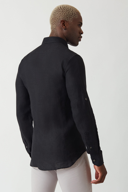 Men’s Slim Fit Long Sleeve Linen Shirt BLACK (1)