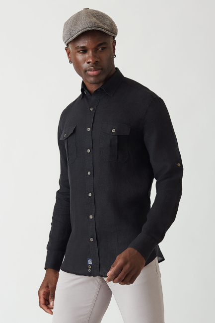 Men’s Slim Fit Long Sleeve Linen Shirt BLACK