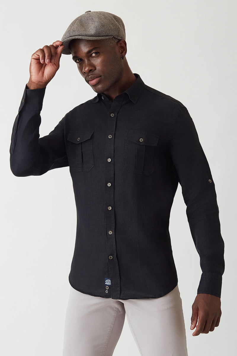 Slim Fit Siyah Keten Paşa Yaka Erkek Gömlek - 5