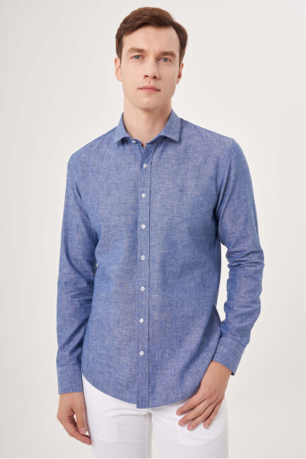 Slim Fit Uzun Kollu Lacivert Spor Erkek Gömlek - 1