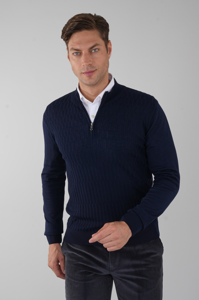 Lacivert Yarım Balıkçı Fermuarlı Full Jakar Yün Erkek Triko - 1