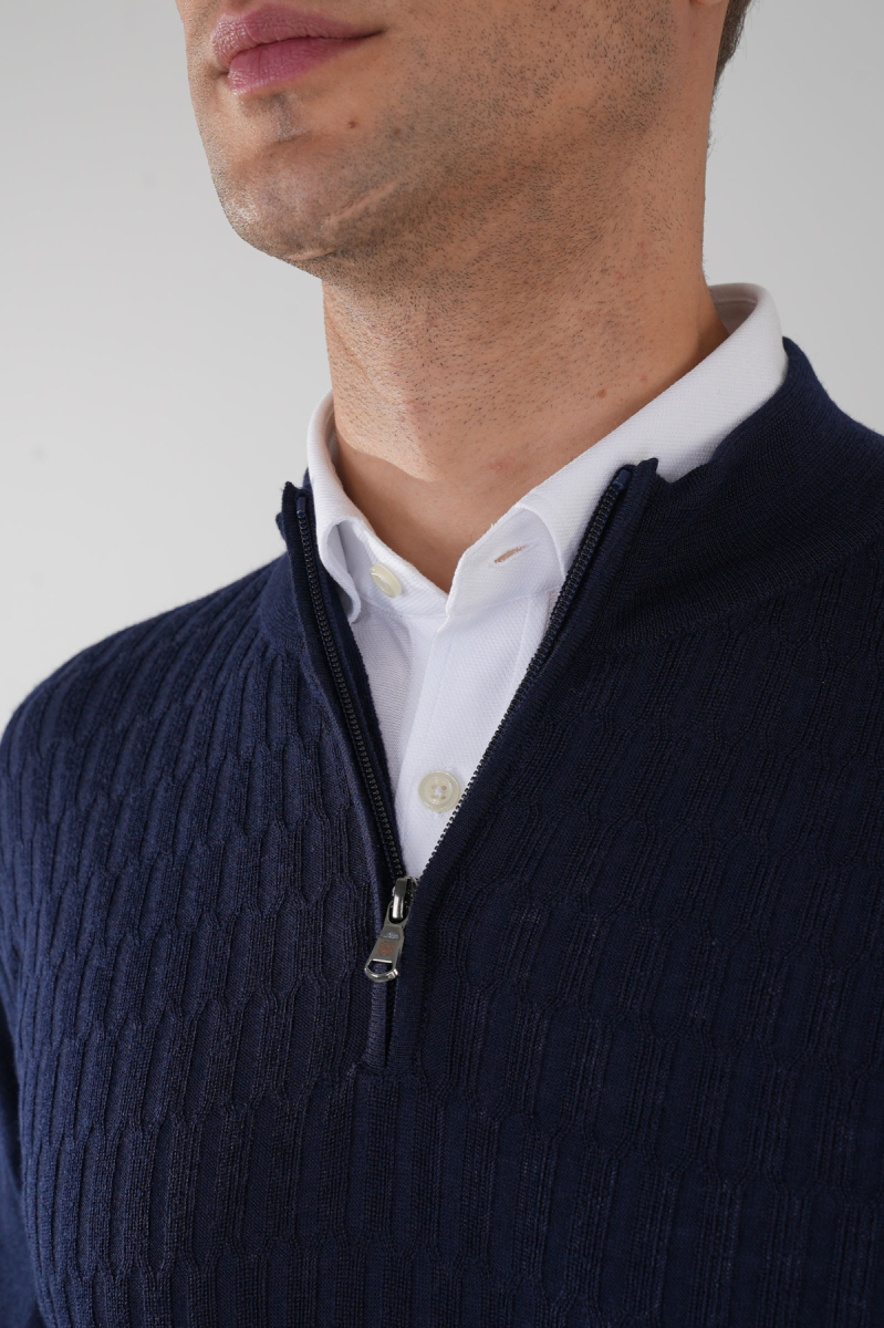 Lacivert Yarım Balıkçı Fermuarlı Full Jakar Yün Erkek Triko - 3