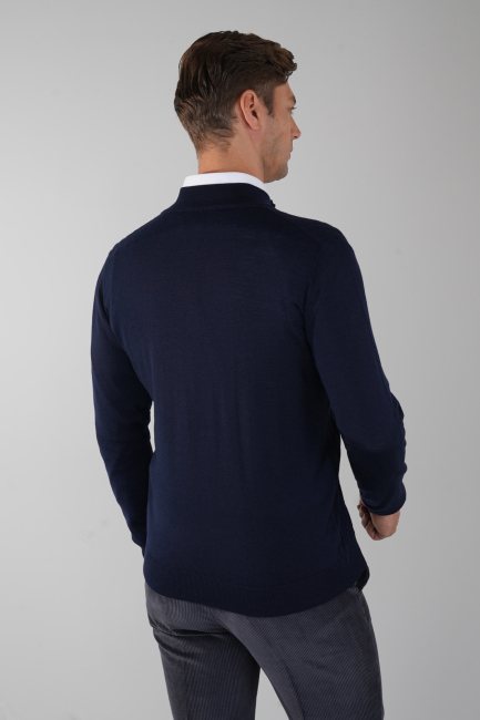 Lacivert Yarım Balıkçı Fermuarlı Full Jakar Yün Erkek Triko - 2