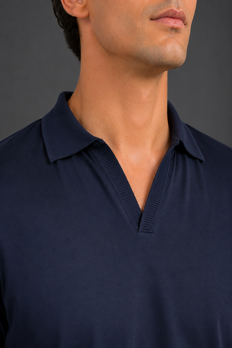 Lacivert Jakarli Kaleci̇ Yaka T-shirt  - 3