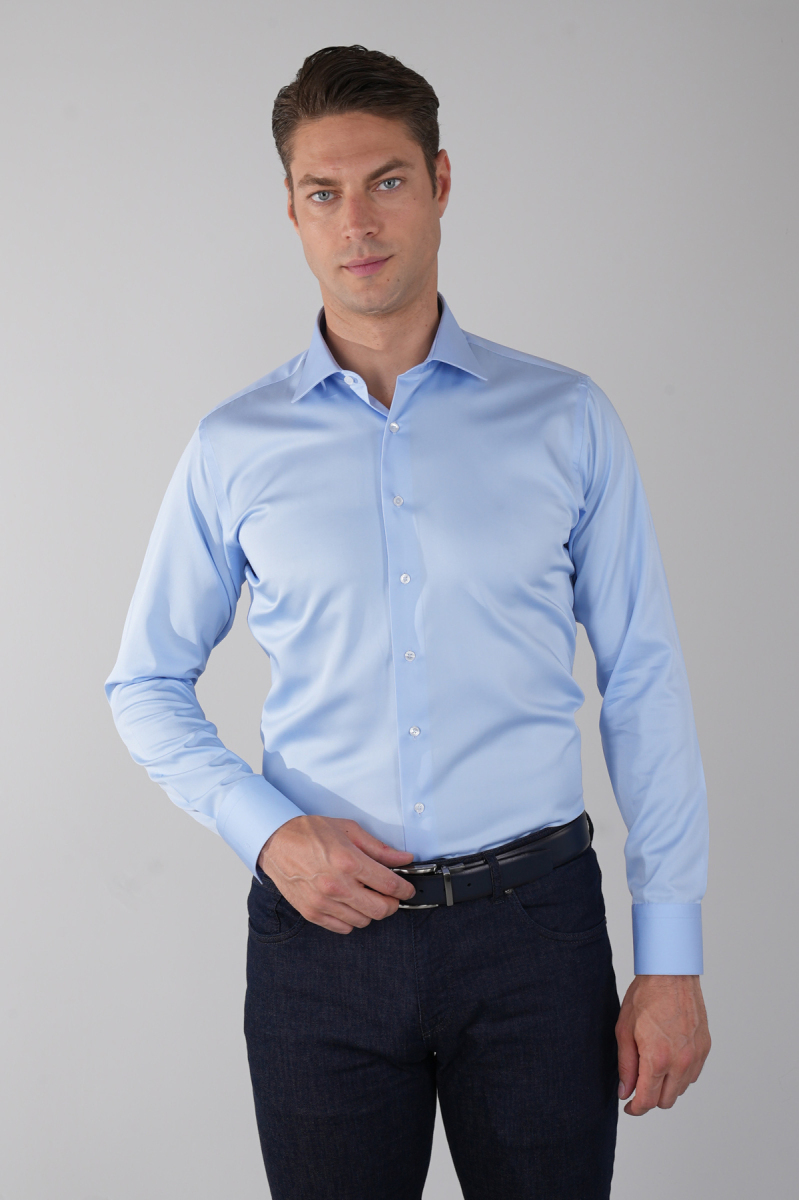 Mavi Uzun Kol Klasik Yaka Cepsiz Erkek Gömlek   - 1