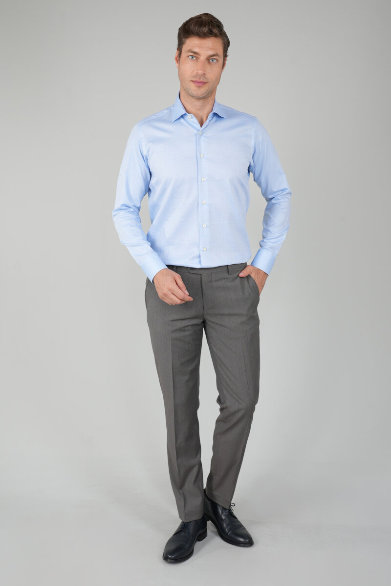 Uzun Kol Açık Mavi İtalyan Yaka Erkek Pamuk Gömlek - 5