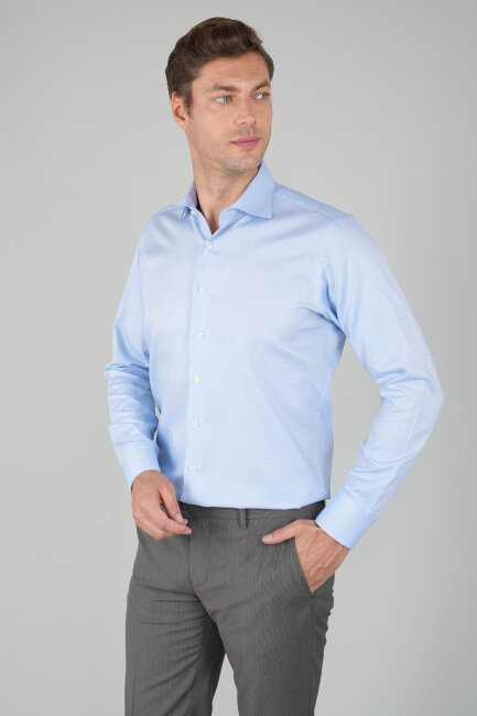 Uzun Kol Açık Mavi İtalyan Yaka Erkek Pamuk Gömlek