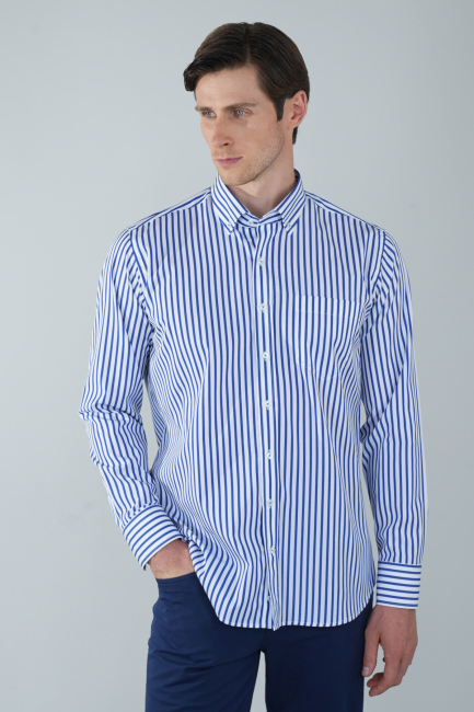 Uzun Kol Cepli Lacivert Pamuk Erkek Gömlek - 1