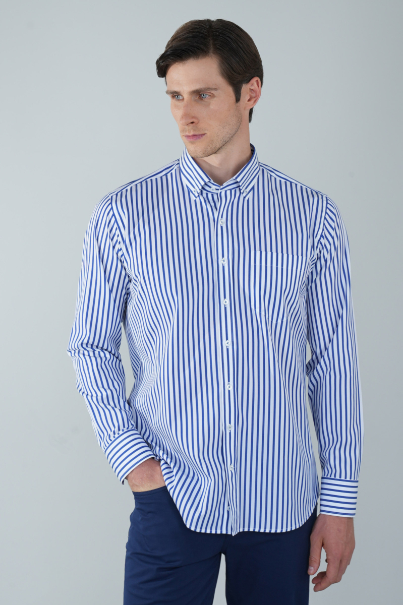 Uzun Kol Cepli Lacivert Pamuk Erkek Gömlek - 1