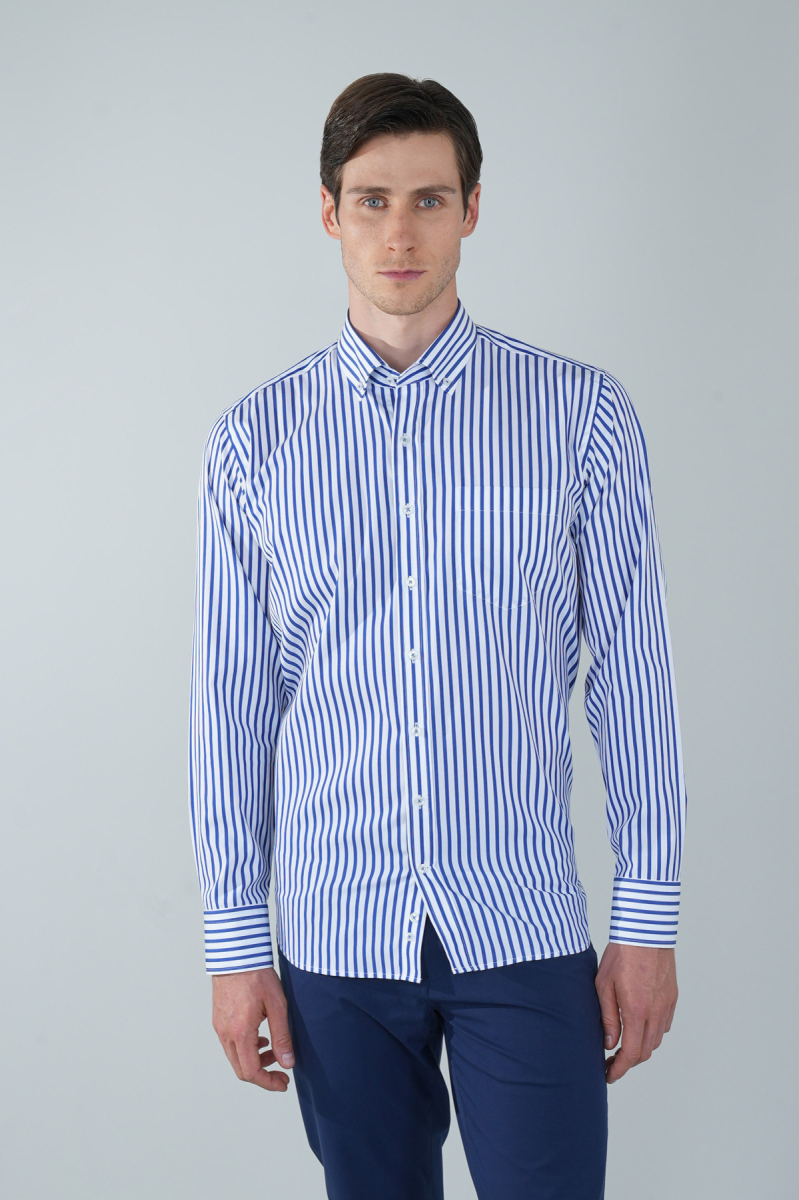 Uzun Kol Cepli Lacivert Pamuk Erkek Gömlek - 5