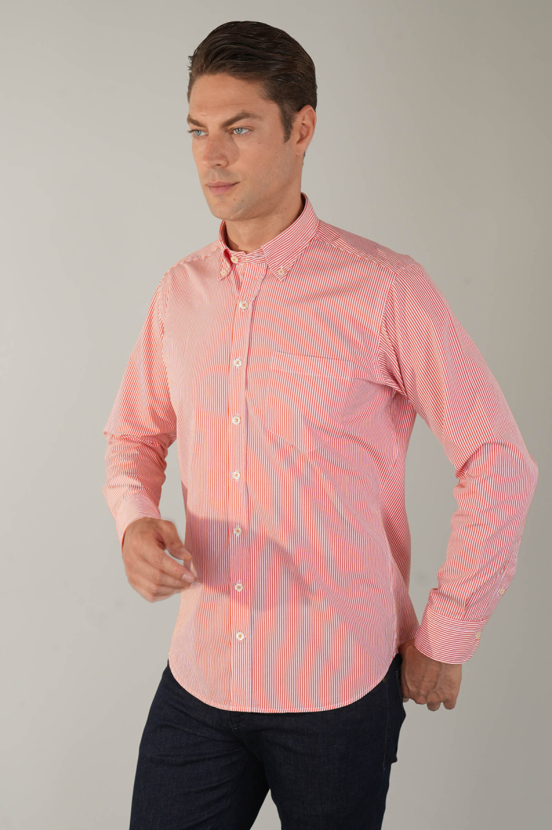 Uzun Kol Cepsiz Turuncu Pamuk Erkek Gömlek - 1