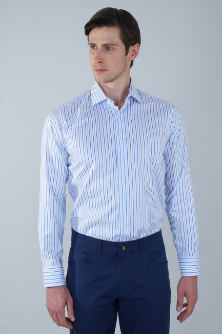 Uzun Kol İtalyan Yaka Cepsiz Mavi Pamuk Erkek Gömlek - 1