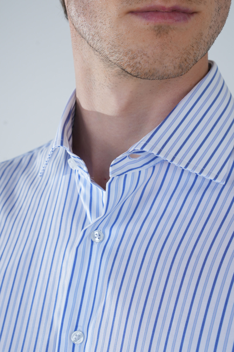 Uzun Kol İtalyan Yaka Cepsiz Mavi Pamuk Erkek Gömlek - 3