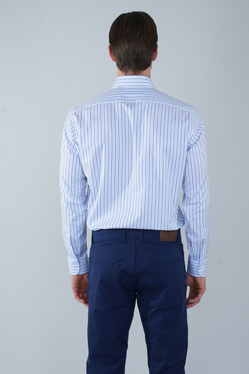 Uzun Kol İtalyan Yaka Cepsiz Mavi Pamuk Erkek Gömlek - 2