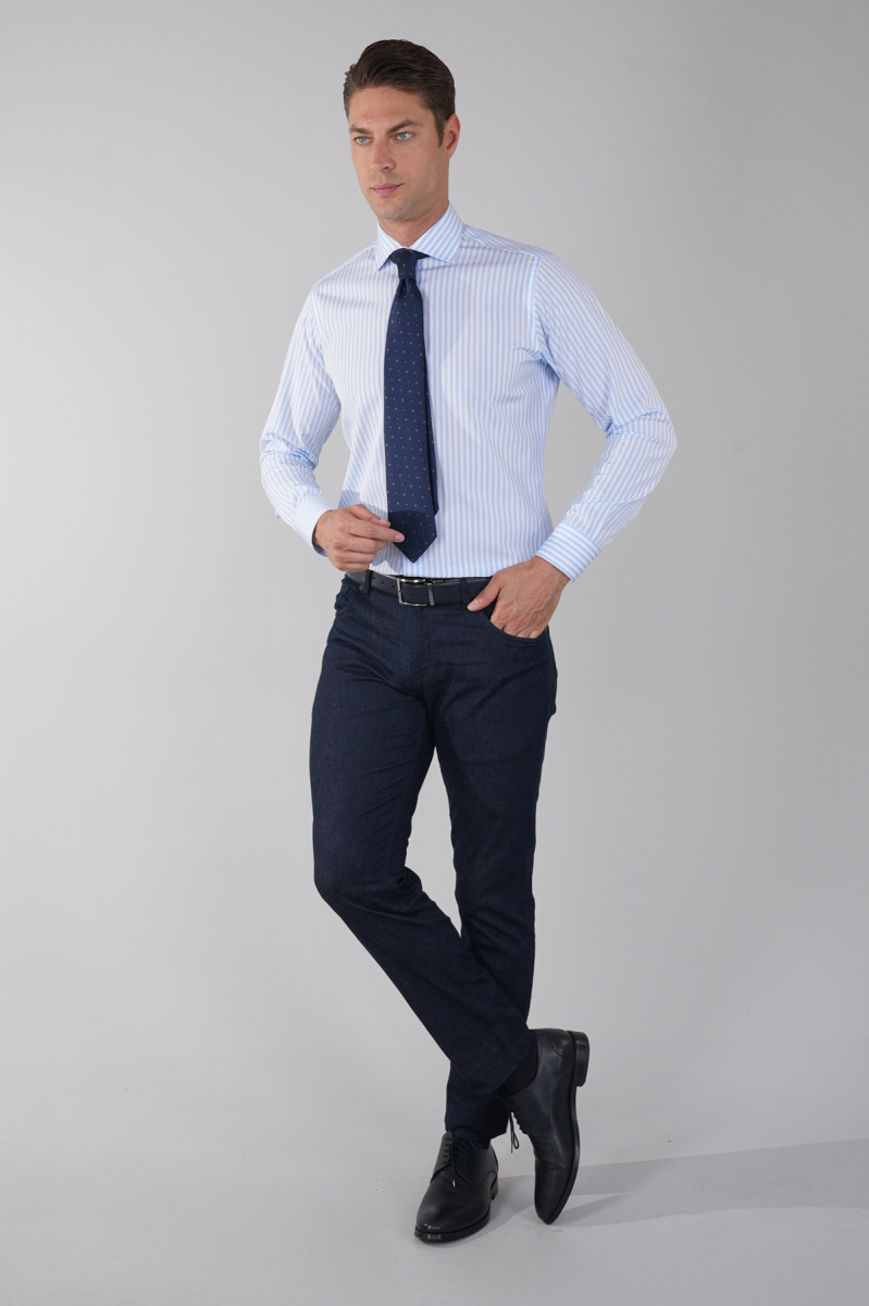 Uzun Kol İtalyan Yaka Cepsiz Mavi Pamuk Erkek Gömlek - 5