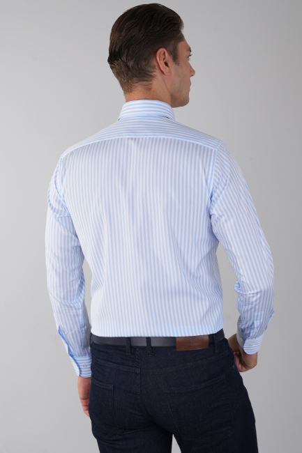 Uzun Kol İtalyan Yaka Cepsiz Mavi Pamuk Erkek Gömlek - 2