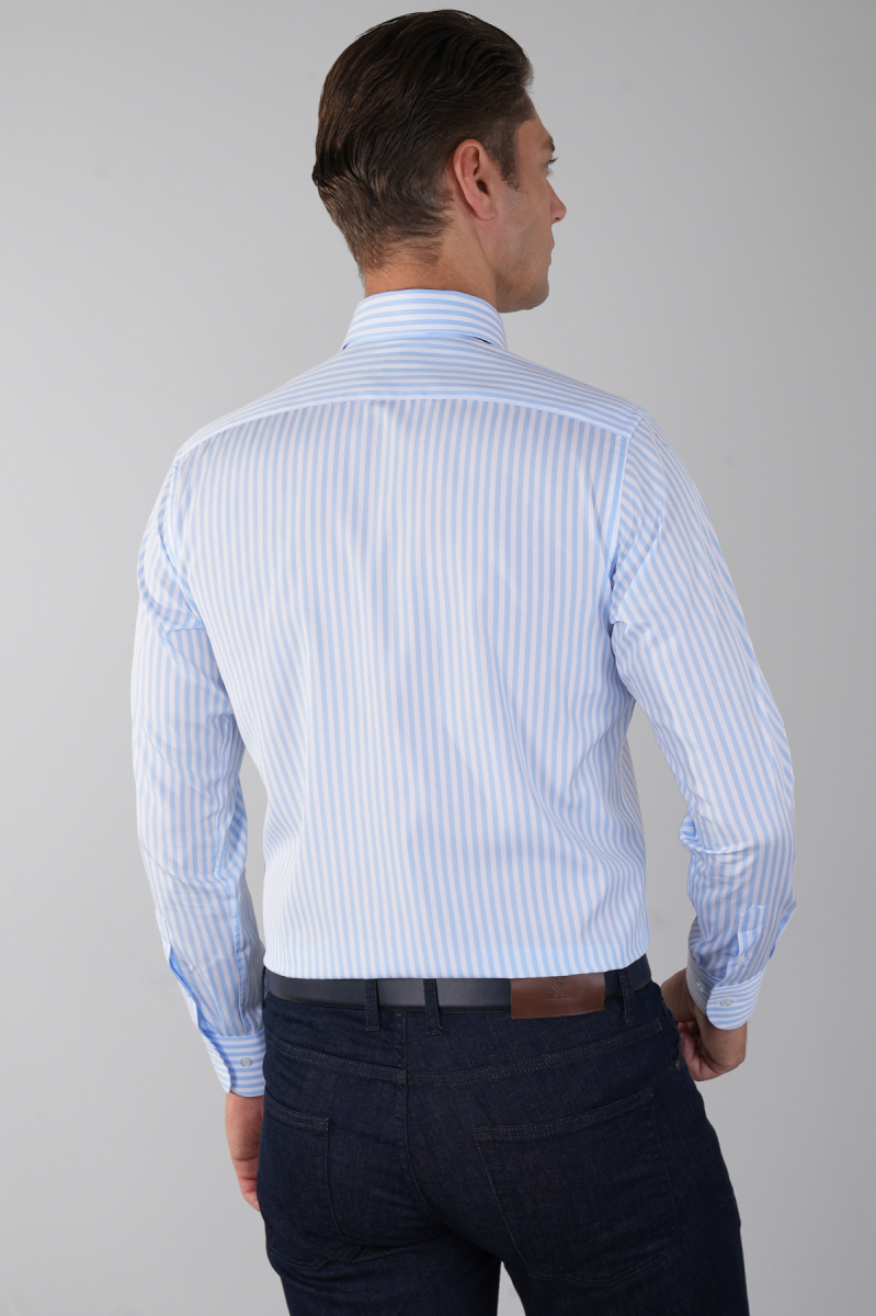 Uzun Kol İtalyan Yaka Cepsiz Mavi Pamuk Erkek Gömlek - 2