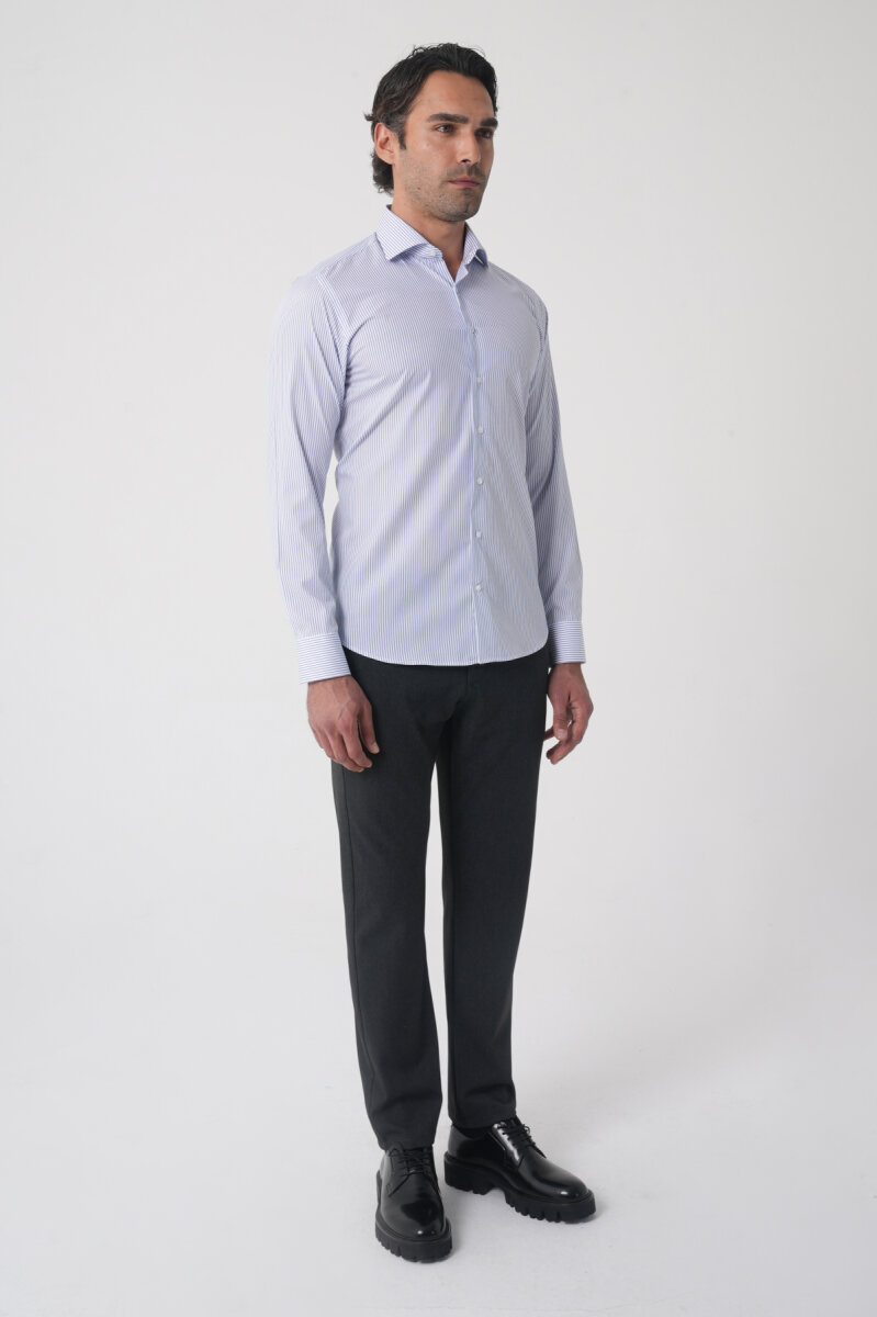 Erkek Regular Fit Uzun Kol İtalyan Yaka Pamuk Mavi Gömlek - 4