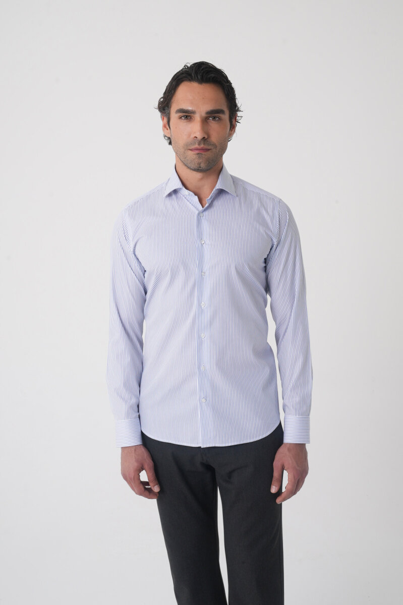 Erkek Regular Fit Uzun Kol İtalyan Yaka Pamuk Mavi Gömlek - 1