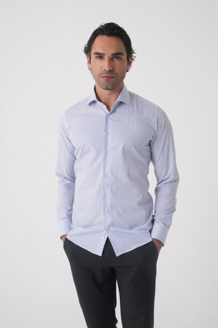 Erkek Regular Fit Uzun Kol İtalyan Yaka Pamuk Mavi Gömlek - 2