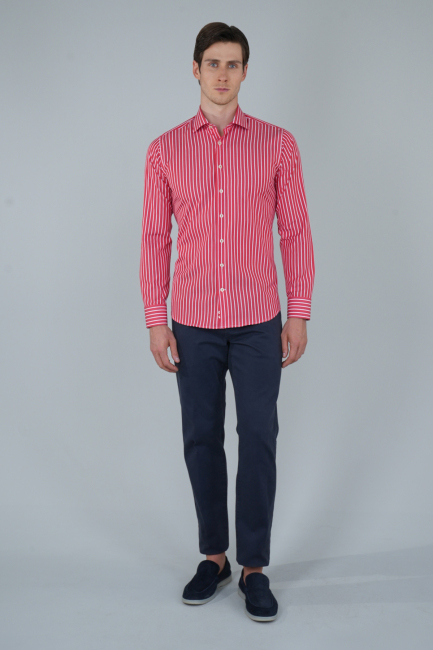 Uzun Kol İtalyan Yaka Cepsiz Kırmızı Pamuk Erkek Gömlek - 5