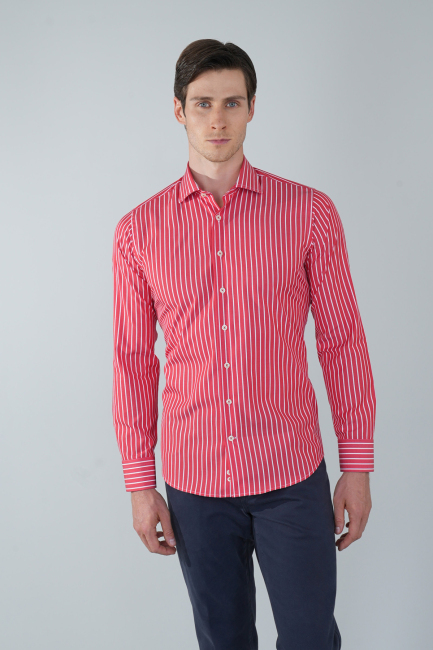 Uzun Kol İtalyan Yaka Cepsiz Kırmızı Pamuk Erkek Gömlek - 1