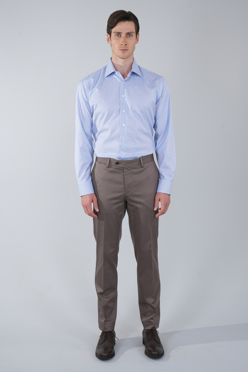 Mavi Uzun Kol İtalyan Yaka Cepsiz Erkek Gömlek   - 5