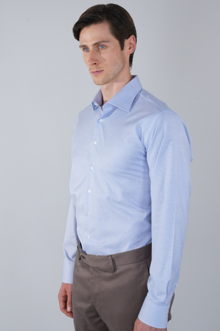 Mavi Uzun Kol İtalyan Yaka Cepsiz Erkek Gömlek   - 1