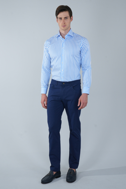 Uzun Kol İtalyan Yaka Cepsiz Mavi Pamuk Erkek Gömlek - 5