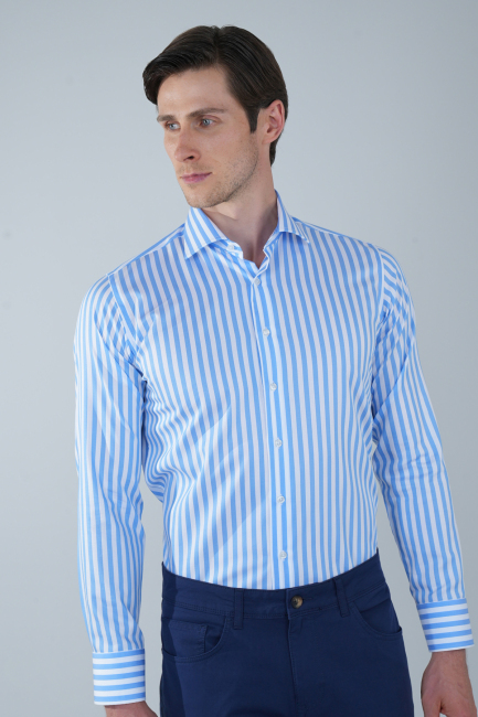 Uzun Kol İtalyan Yaka Cepsiz Mavi Pamuk Erkek Gömlek 