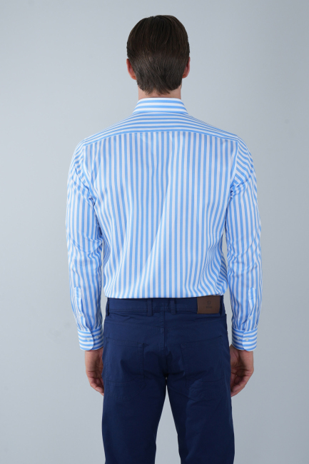 Uzun Kol İtalyan Yaka Cepsiz Mavi Pamuk Erkek Gömlek - 2