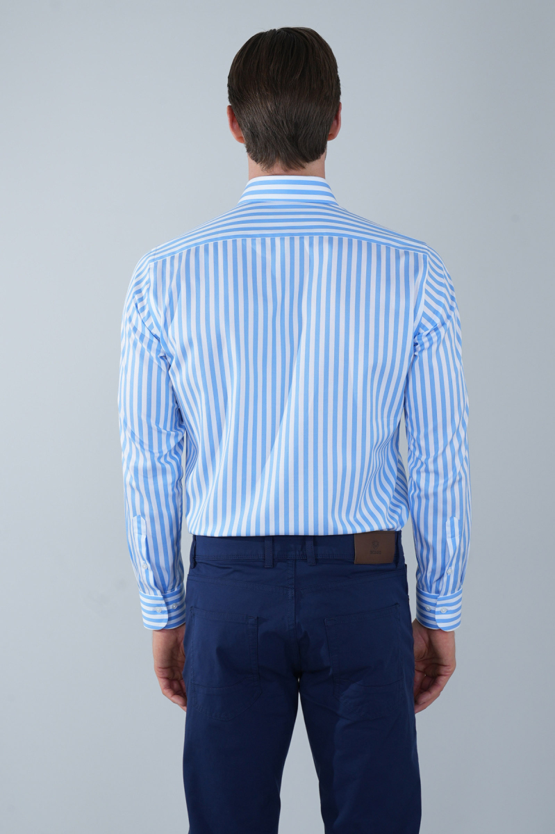 Uzun Kol İtalyan Yaka Cepsiz Mavi Pamuk Erkek Gömlek - 2