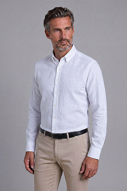 Long Sleeand Linen Shawl Collar Cepsiz Shirt White