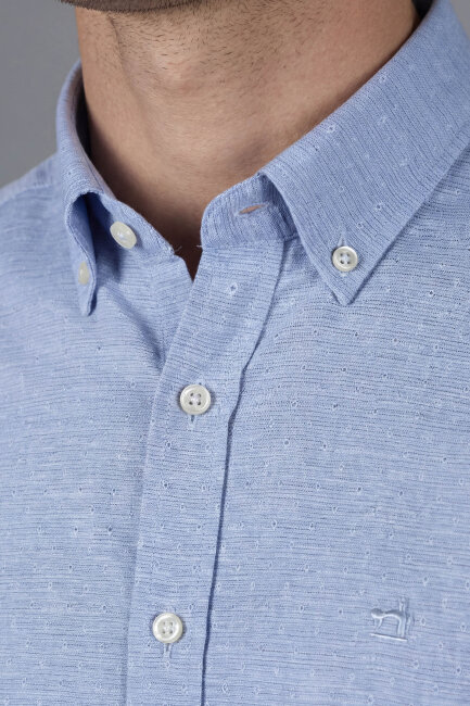 Erkek Regular Fit Uzun Kol Keten Paşa Yaka Cepsiz Lacivert Gömlek - 3