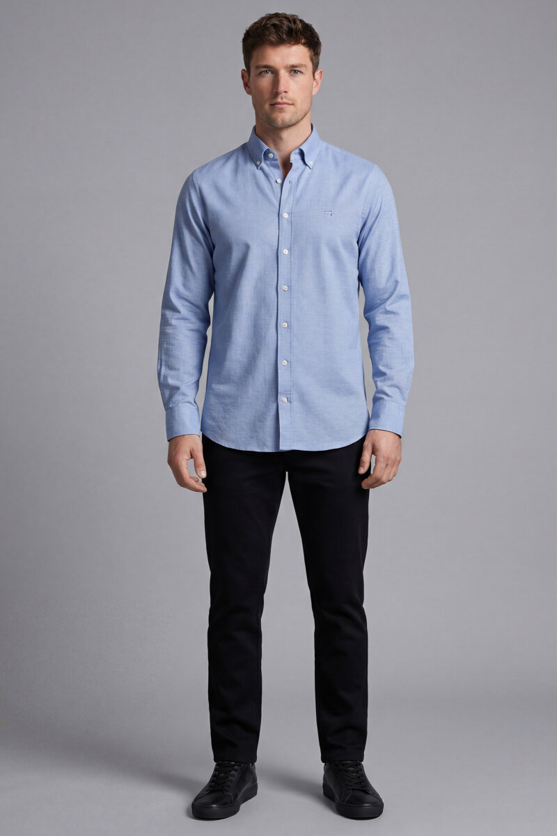 Erkek Regular Fit Uzun Kol Keten Paşa Yaka Cepsiz Lacivert Gömlek - 4