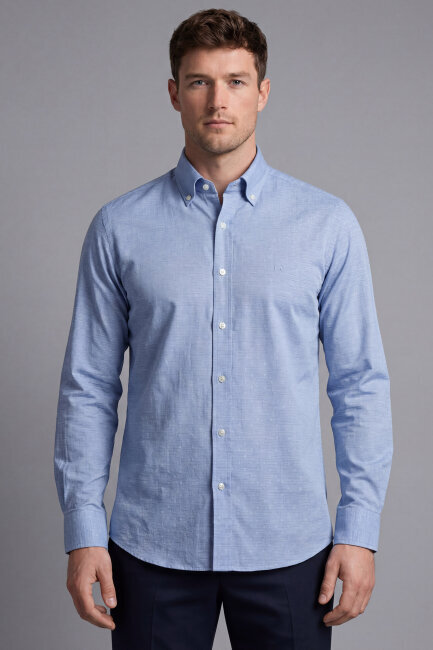 Erkek Regular Fit Uzun Kol Keten Paşa Yaka Cepsiz Lacivert Gömlek - 1