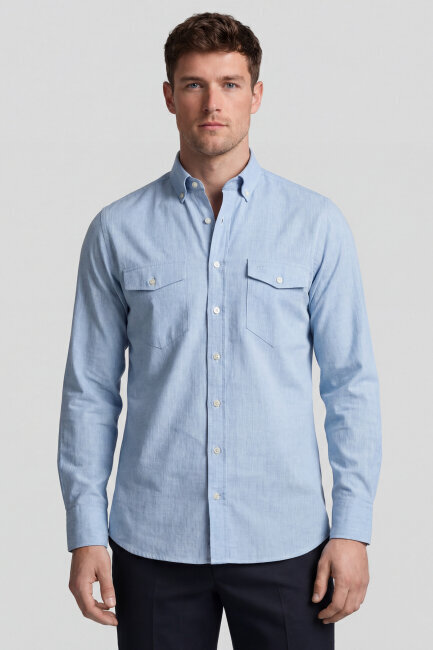 Regular Fit Uzun Kol Keten Paşa Yaka Gri Erkek Gömlek 