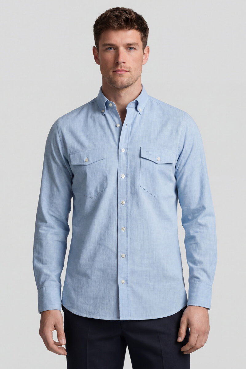 Regular Fit Uzun Kol Keten Paşa Yaka Gri Erkek Gömlek - 1