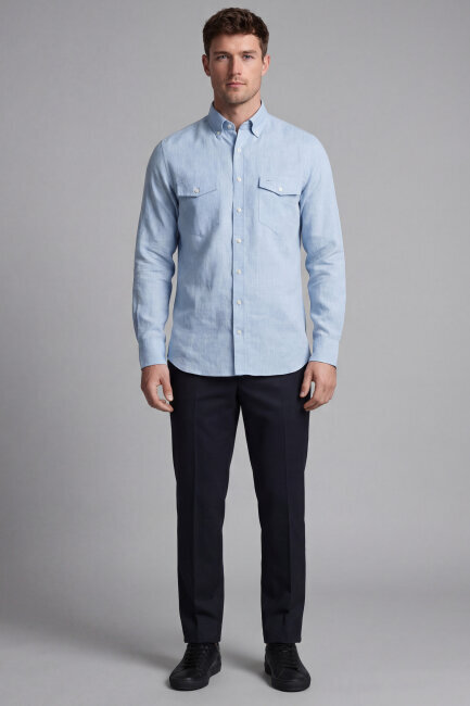 Regular Fit Uzun Kol Keten Paşa Yaka Gri Erkek Gömlek - 5