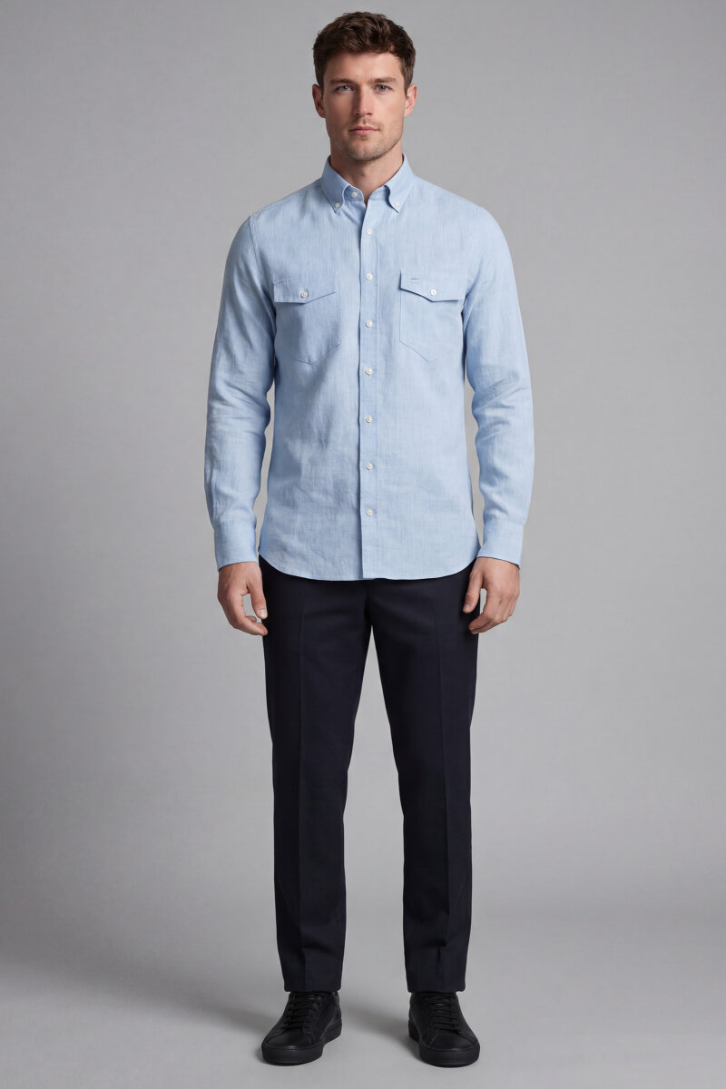 Regular Fit Uzun Kol Keten Paşa Yaka Gri Erkek Gömlek - 5