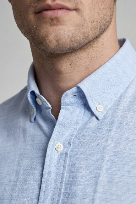 Regular Fit Uzun Kol Keten Paşa Yaka Mavi Erkek Gömlek - 3