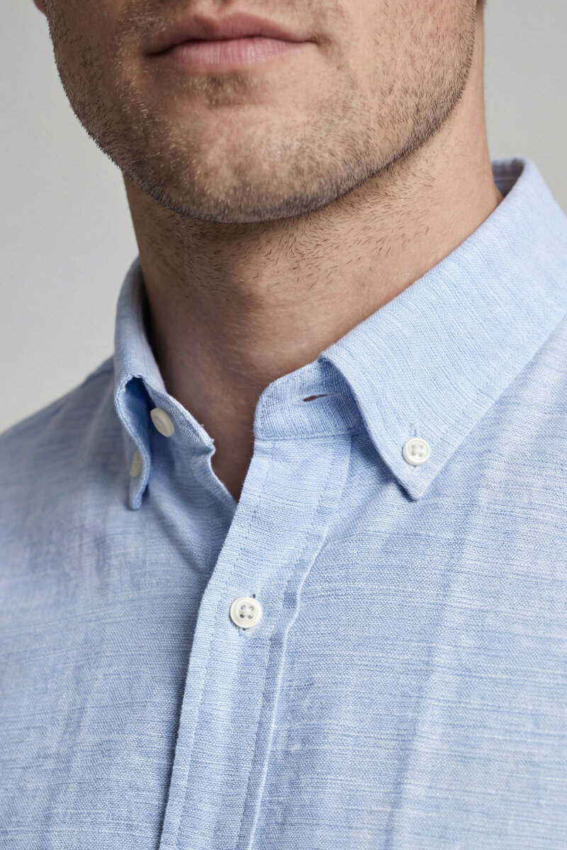 Regular Fit Uzun Kol Keten Paşa Yaka Mavi Erkek Gömlek - 3