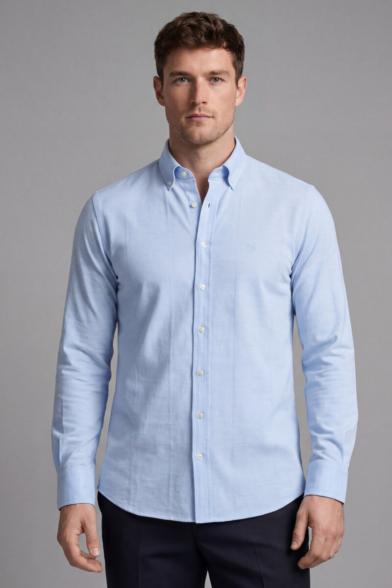 Regular Fit Uzun Kol Keten Paşa Yaka Mavi Erkek Gömlek - 1